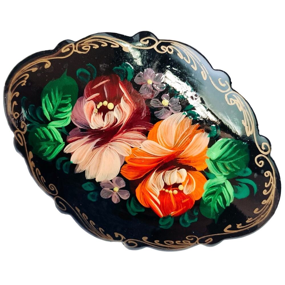 Unusual VTG Signed Russian Brooch Hand Painted Lacquer Papier Mache Floral Folk